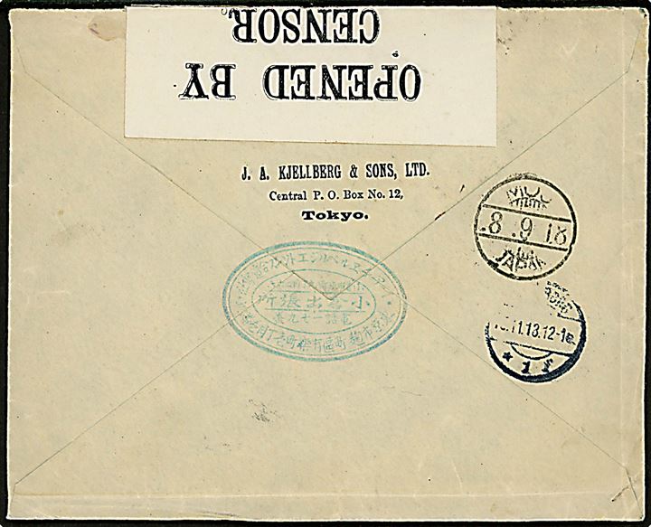 10 sen. single på brev fra Tokyo d. 8.9.1918 til Göteborg, Sverige. Åbnet af britisk censur no. 4873.