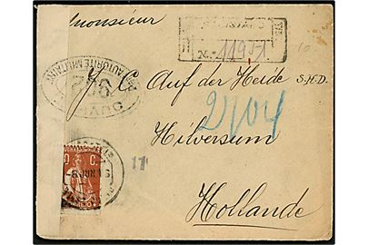 10 c. single på anbefalet brev stemplet 6.6.1916 til Hilversum, Holland. Åbnet af fransk censur no. 902 i London, England.