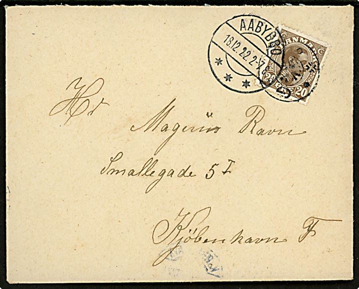 20 øre Chr. X på brev annulleret med stjernestempel GØL og sidestemplet Aabybro d. 18.12.1922 til København.