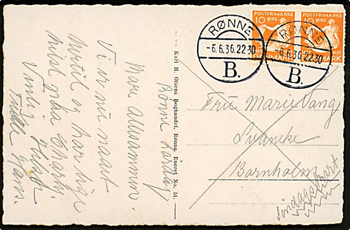 10 øre H. C. Andersen i parstykke på søndagsbrevkort (Rønne havn og kirke) annulleret med brotype Vd Rønne B. d. 5.6.1936 til Svaneke.