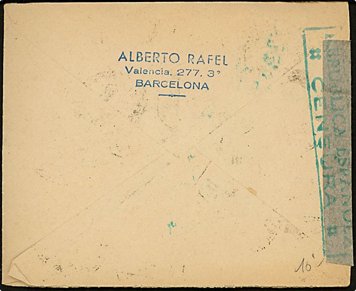 5 cts Ciffer, 50 cts. i fireblok og komplet sæt 43 Division på luftpostbrev fra Barcelona d. 27.9.1938 til Nice, Frankrig. Det af modtageradresse overstreget. Åbnet af lokal spansk censur.