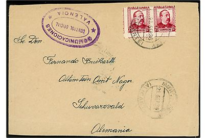 25 cts. i parstykke på brev fra Mon.... (Alicante) d. 21.9.1936 til Schwartzwald, Tyskland. Spansk censur fra Valencia. Kuvert afkortet i toppen.