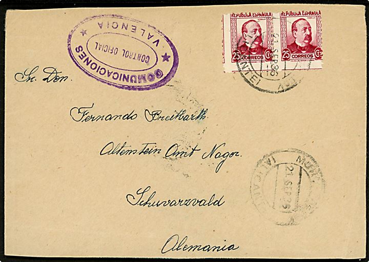 25 cts. i parstykke på brev fra Mon.... (Alicante) d. 21.9.1936 til Schwartzwald, Tyskland. Spansk censur fra Valencia. Kuvert afkortet i toppen.