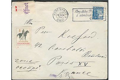 40 øre Karavel på brev fra København d. 28.11.1941 til Paris, Frankrig. Åbnet af tysk censur i Hamburg. Dansk Julemærke 1941.