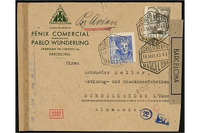 75 cts. San Juan de la Cruz og 2 pts. Franco på luftpostbrev fra Barcelona d. 16.3.1943 til Schmalkalden, Tyskland. Åbnet af spansk censur i Barcelona og Tysk censur i München.