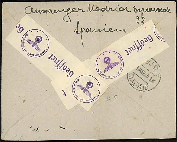 40 cts. Isabel, 40 cts. Franco og 40 cts. Luftpost (2) på luftpostbrev fra Madrid d. 12.3.1940 til Måunchen, Tyskland. Åbnet af tysk censur.