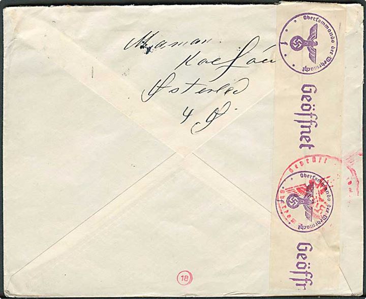 40 øre Karavel på brev fra København d. 28.11.1941 til Paris, Frankrig. Åbnet af tysk censur i Hamburg. Dansk Julemærke 1941.