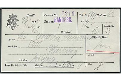 Telefonregning form. Nr. 152-2-1925 dateret 31.1.1927 med liniestempel: Randers.