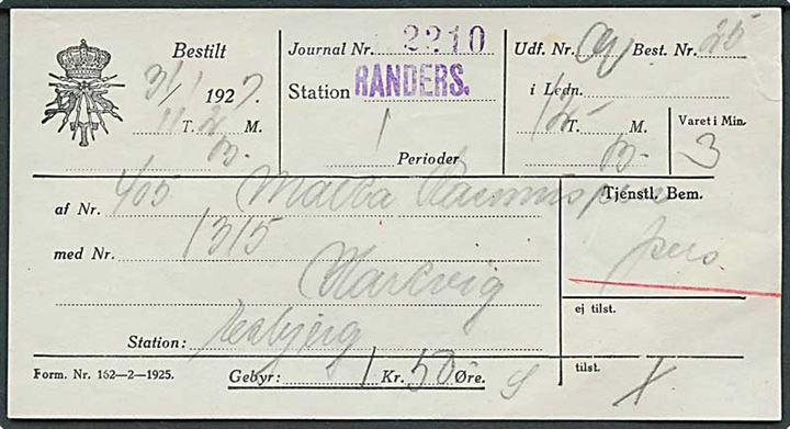 Telefonregning form. Nr. 152-2-1925 dateret 31.1.1927 med liniestempel: Randers.