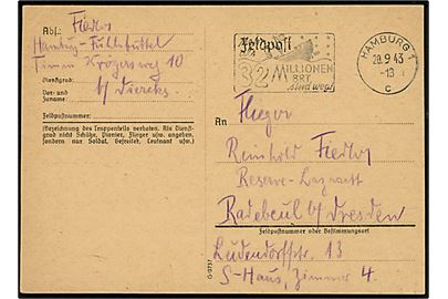 Ufrankeret feltpostkort med propaganda TMS 32 Millionen BRT sind weg! / Hamburg 1 d. 20.9.1943 til soldat på Reserve-Lazarett i Radebeul b. Dresden. Stempel med henvisning til den allierede skibstonnage som var gået tabt som følge af tysk ubådskrig. 