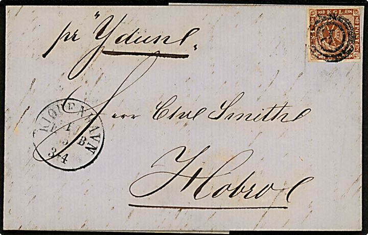 4 s. 1858 udg. på brev påskrevet: pr Ydun annulleret med nr.stempel 1 og sidestemplet antiqua Kiøbenhavn KB d. 11.5.1861 til Hobro. Ank.stemplet i Hpbro d. 12.5.1861.