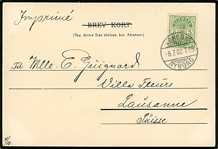 5 øre Våben på brevkort (Fra Langelinie) sendt som tryksag og annulleret med sejlende bureaustempel Korsør - Nyborg T.45 d. 6.7.1902 til Lausanne, Schweiz.