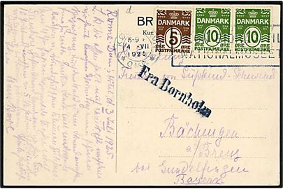 5 øre og 10 øre (par) Bølgelinie på brevkort (Landkort over Bornholm) dateret Rønne og annulleret København d. 4.7.1925 og sidestemplet Fra Bornholm til Bayern, Tyskland.
