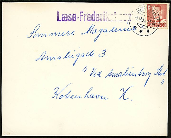 30 øre fr. IX på brev fra Vesterø Havn på Læsø annulleret Frederikshavn d. 5.12.193 og sidestemplet med violet skibsstempel Læsø - Frederikshavn til København.