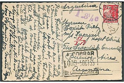 15 øre Karavel på underfrankeret brevkort fra København d. 10.9.1935 til kaptajn ombord på M/S Sveajail c/o svenske konsul i Buenos Aires, Argentina. Violet portostempel T. 8 1/3 c.. 