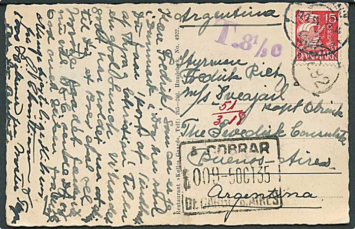 15 øre Karavel på underfrankeret brevkort fra København d. 10.9.1935 til kaptajn ombord på M/S Sveajail c/o svenske konsul i Buenos Aires, Argentina. Violet portostempel T. 8 1/3 c.. 