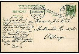 5 øre Fr. VIII på brevkort (Kbh., Knippelsbro) annulleret Rønne d. 16.3.1908 og sidestemplet FRA KJØBENHAVN til Allinge. Ank.stemplet i Allinge samme dag.