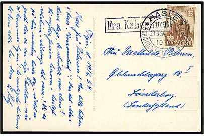20 øre 1000 års udg. på brevkort annulleret med sjældent skibsstempel Fra København og Hasle turiststempel d. 21.6.1954 til Sønderborg. Senest registrerede anvendelse. Bendix: 1500,-