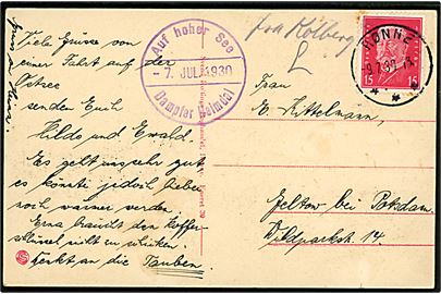 15 pfg. Hindenburg på brevkort (S/S Heimdal, Rønne) annulleret med dansk stempel i Rønne d. 9.7.1930 og påskrevet Fra Kolberg til Postdam, Tyskland. Violet privat skibsstempel: Auf hoher See Dampfer Heimdal d. 7.7.1930. 