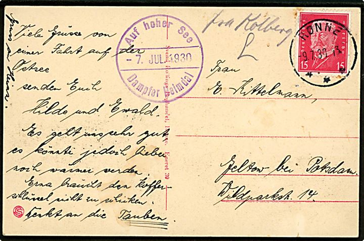 15 pfg. Hindenburg på brevkort (S/S Heimdal, Rønne) annulleret med dansk stempel i Rønne d. 9.7.1930 og påskrevet Fra Kolberg til Postdam, Tyskland. Violet privat skibsstempel: Auf hoher See Dampfer Heimdal d. 7.7.1930. 