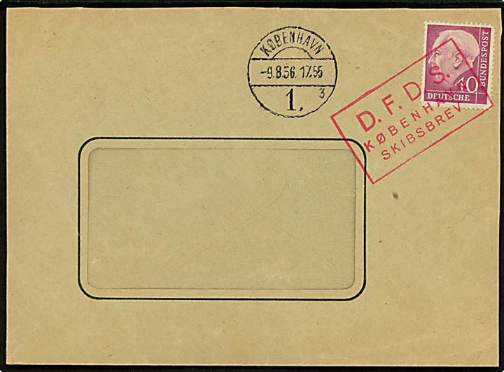 40 pfg. Heuss på firma-rudekuvert fra Hamburg annulleret med rødt rammestempel D.F.D.S. København Skibsbrev og sidestemplet København d. 9.8.1956.