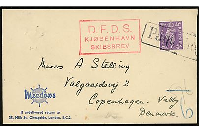 Britisk 3d George VI på firmakuvert fra London annulleret med skibsstempel Paquebot og sidestemplet D.F.D.S. Kjøbenhavn Skibsbrev til København.