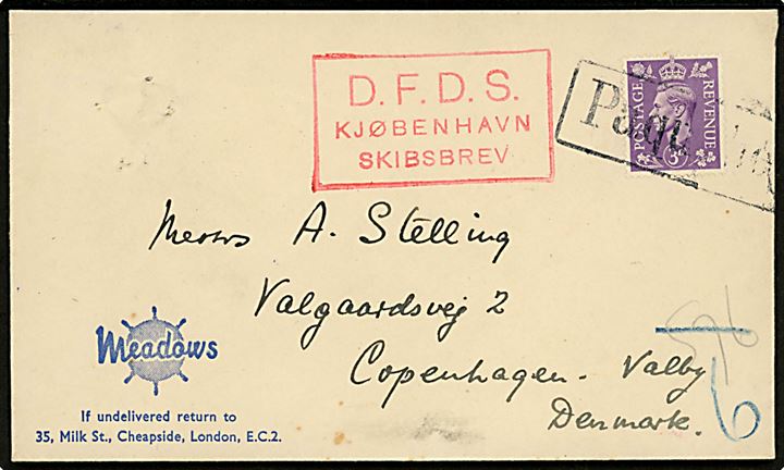 Britisk 3d George VI på firmakuvert fra London annulleret med skibsstempel Paquebot og sidestemplet D.F.D.S. Kjøbenhavn Skibsbrev til København.