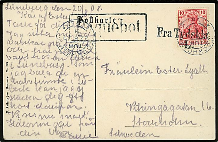 10 pfg. Germania på brevkort dateret i Lüneburg d. 20.8.1908 annulleret med skibsstempel Fra Tydskland L. og sidestemplet Paquebot til Stockholm, Sverige. Ank.stemplet i Stockholm d. 22.8.1908.