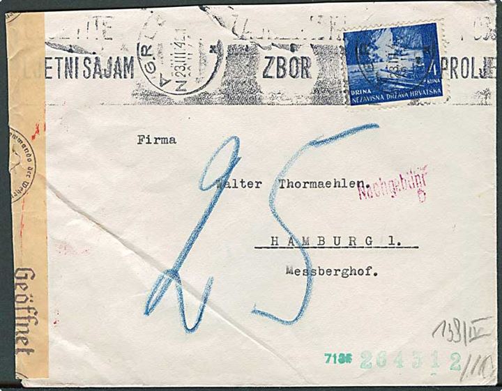 4 din. single på underfrankeret brev fra Zagreb d. 23.3.1942 til Hamburg, Tyskland. Åbnet af tysk censur i Wien og udtakseret i 25 pfg. tysk porto.