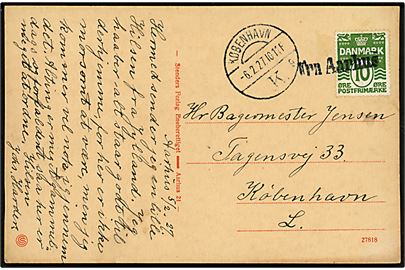 10 øre Bølgelinie på brevkort annulleret med skibsstempel Fra Aarhus og sidestemplet København K. d. 6.2.1927 til København.