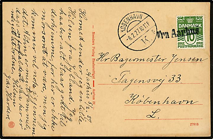 10 øre Bølgelinie på brevkort annulleret med skibsstempel Fra Aarhus og sidestemplet København K. d. 6.2.1927 til København.