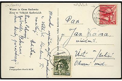 50 h. og 1 kc. på brevkort annulleret med udslebet 2-sproget stempel fra Velke d. 11.3.1946 til Ust.