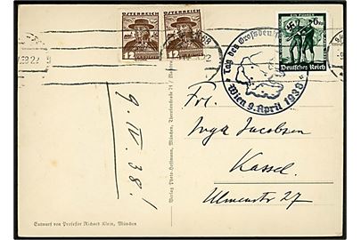 Anschluss. Tysk og østrigsk udg. på blandingsfrankeret brevkort (Hitler - 13.3.1938) fra Wien d. 9.4.1938 til Kassel, Tyskland.