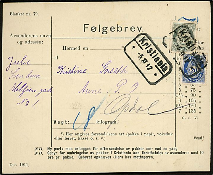 20 øre og 50 øre Posthorn på adressekort for pakke fra Kristiania d. 3.11.1912 til Aune i Opdal.