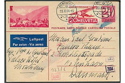 20 c. ill. helsagsbrevkort opfrankeret med 20 c. Luftpost og sendt som luftpost fra Montreux d. 23.10.1944 til København, Danmark. Tysk censur.