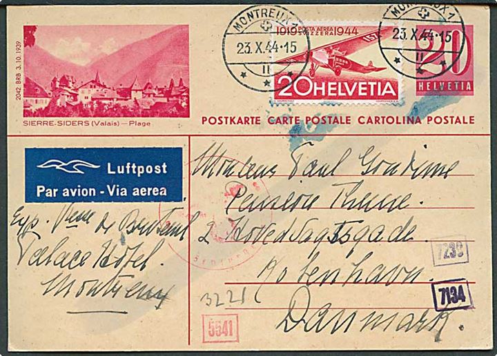 20 c. ill. helsagsbrevkort opfrankeret med 20 c. Luftpost og sendt som luftpost fra Montreux d. 23.10.1944 til København, Danmark. Tysk censur.