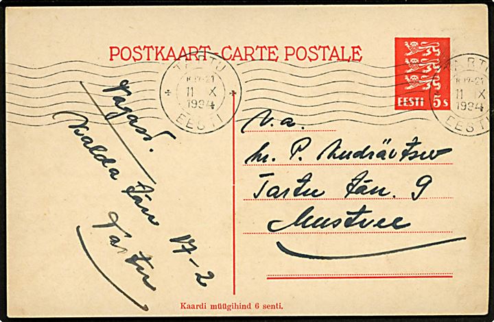 5 s. Løve helsagsbrevkort fra Tartu d. 11.10.1934 til Mustvee.
