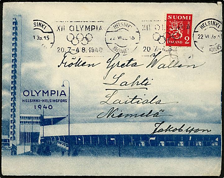 2 mk. Løve på illustreret Olympia 1940 kuvert annulleret med XII Olympia 20.7.-4.8.1940/Helsinki d. 22.6.1939 til Lathi. 