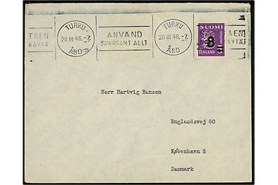5/5 mk. Provisorium single på brev fra Turku d. 26.3.1946 til København, Danmark.