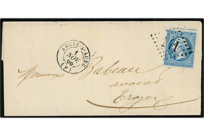 20 c. Napoleon III på brev annulleret med nr.stempel 141 og sidestemplet Argis-s-Aube d. 1.11.1868 til Troyes. Klippet i top og bund.
