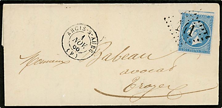 20 c. Napoleon III på brev annulleret med nr.stempel 141 og sidestemplet Argis-s-Aube d. 1.11.1868 til Troyes. Klippet i top og bund.