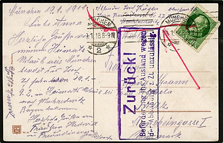 7½ pfg. på brevkort fra München d. 19.1.1918 til Graz, Østrig. Returneret med stort rammestemepel: Zurück! Beförderung ins Ausland wegen der Abbildung z.Zt. unzulässig.. (Forsendelse af billedpostkort til udlandet ikke mulig). 