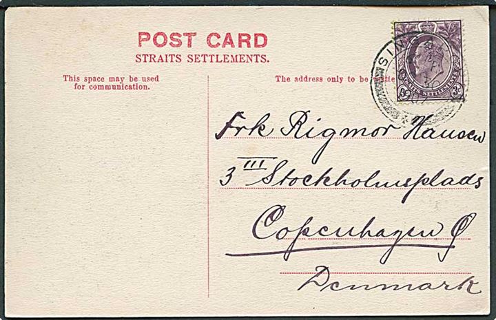 3 c. Edward VII på brevkort fra Singapore d. 30.10.1907 til København, Danmark.