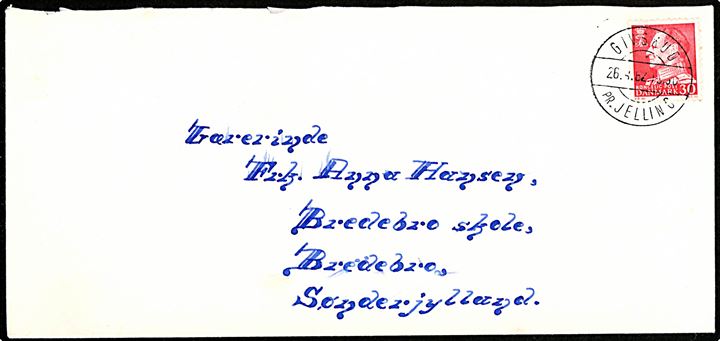 30 øre Fr. IX på aflangt brev annulleret med pr.stempel Givskud pr. Jelling d. 26.4.1962 til Bredebro.