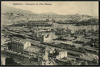 Italien, Genova, udsigt over havn med dampskibe. 