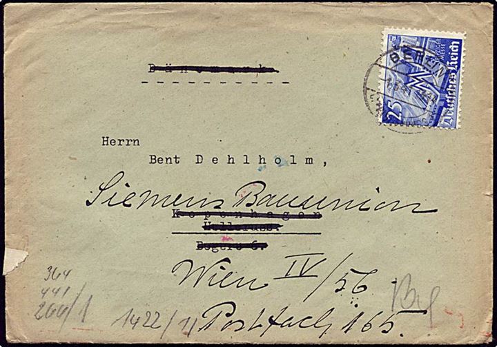 25 pfennig blå Leipziger Messe på brev fra Berlin, Tyskland, d. 1.3.1941 til Wien, Østrig. Tysk censur.