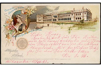 World Columbian Exposition. The Womans's Building. Officielt illustreret helsagsbrevkort opfrankeret med 1 cent og sendt fra Milwaukee d. 13.9.1893 til Zürich, Schweiz.