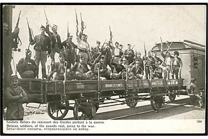 1. verdenskrig. Belgiske soldater på jernbanevogn.