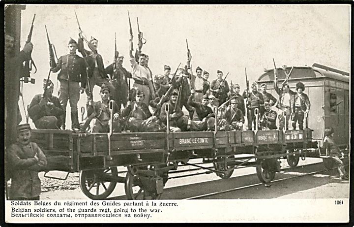 1. verdenskrig. Belgiske soldater på jernbanevogn.