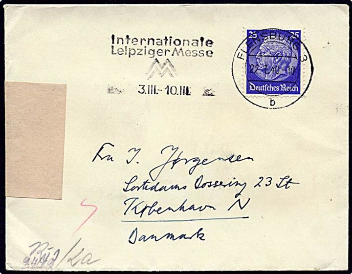 25 pfennig blå Hindenburg på brev fra Flensborg, Tyskland, d. 22.1.1940 til København. Tysk censur.